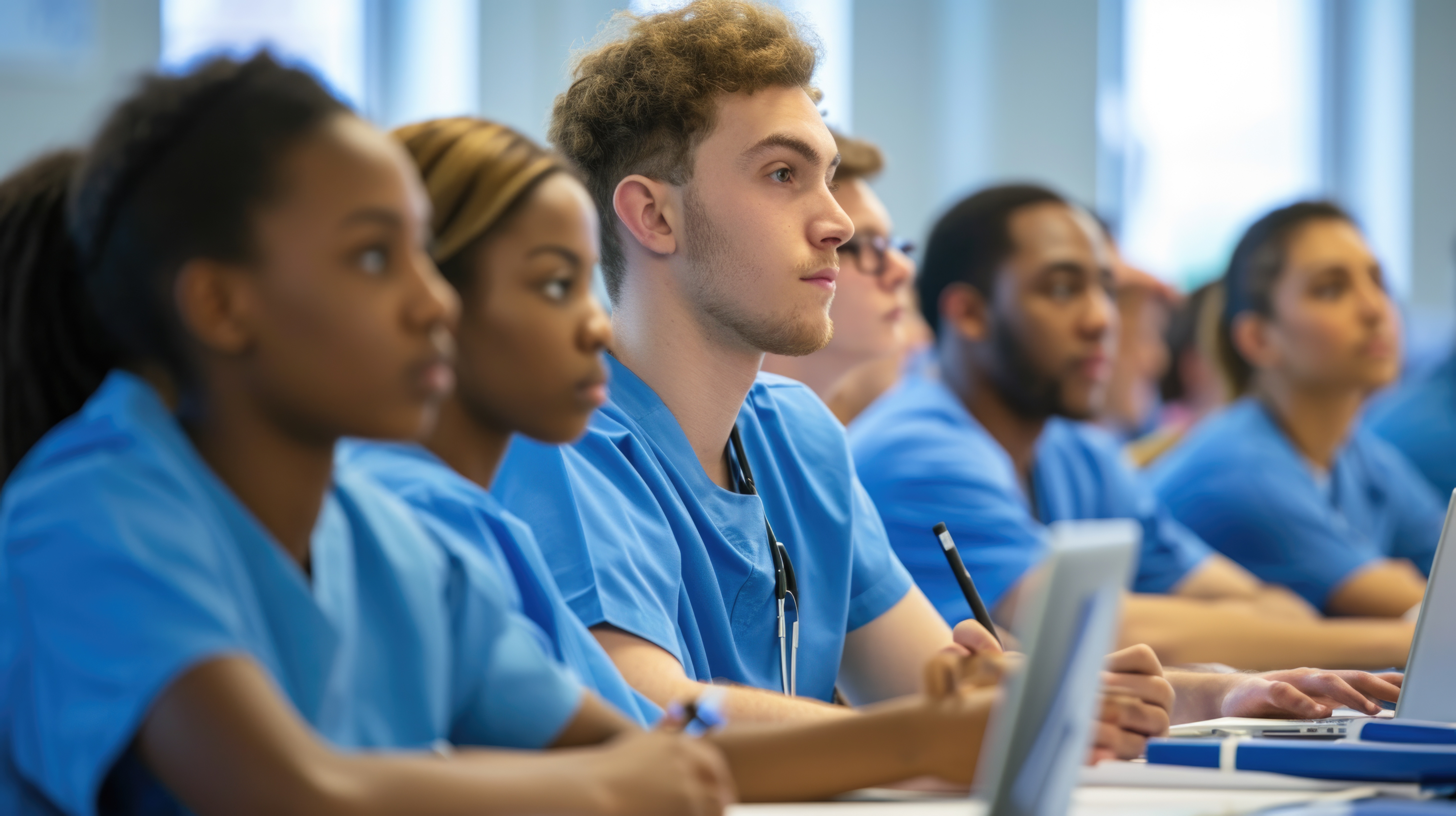 Diverse healthcare students in scrubs